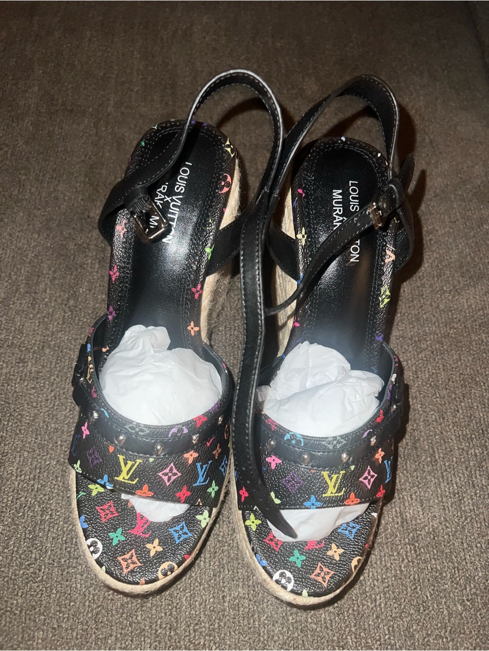 Louis Vuitton Black Multicolor Wedge Sandals - Picture 5 of 5